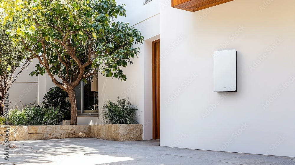 Poster efficiency optimization technique concept. modern exterior with greenery and a minimalist wall-mount