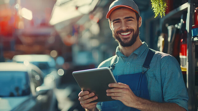 Portrait of a happy gas station employee with a tablet in his hands. An unshaven, cheerful man in a blue jumpsuit smiles and holds a tablet in his hands. He stands in front of the car