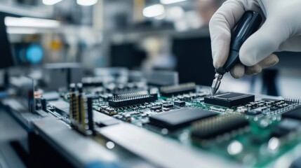 Obraz premium Factory assembly line. Workers assembling electronics. Highlighting electronic manufacturing and production precision. Ideal for electronics industry analysis.