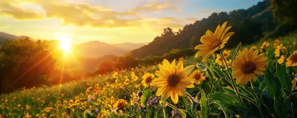 A vibrant landscape featuring sunflowers basking in the warm glow of a sunset, surrounded by rolling hills and a serene sky.