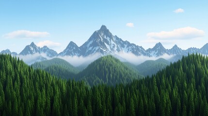 Obraz premium A serene mountain landscape featuring towering peaks surrounded by lush green forests and misty valleys under a clear blue sky.