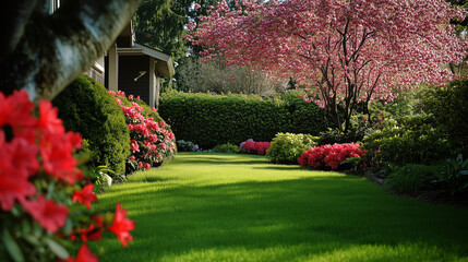 Fototapeta premium Springtime home exterior with lush green grass, blooming trees, and flowering bushes under natural ambient light, clean and simple composition, f/4.0, showcasing a serene and vibrant outdoor scene.