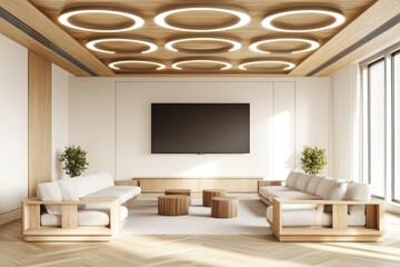 Fototapeta premium Modern minimalist lounge, wooden accents, sunlight, waiting area, office
