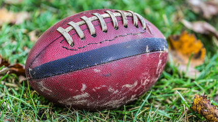 Obraz premium A well-worn American football resting on a grass field, representing the toughness, endurance, and legacy of the game through years of intense competition 