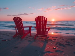 Red Beach Chairs Facing Ocean Sunset for Relaxation and Vacation Mood