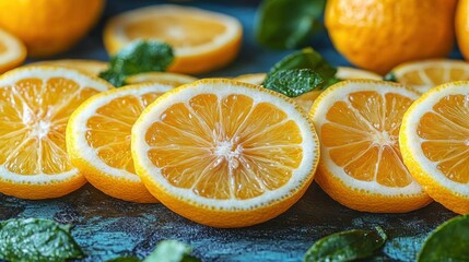 Vibrant Lemon Slices on a Rustic Blue Background