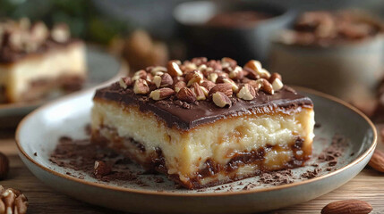 A decadent slice of honey-glazed baklava topped with crunchy walnuts, soaked in sweet syrup and served on a rustic wooden plate.