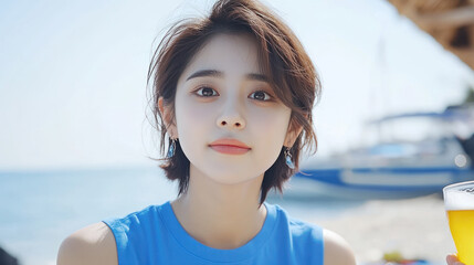 Korean woman in t-shirt drinking a beer at holiday cafe seaside on tropical beach
