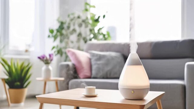 A white diffuser sits on a wooden table in a living room
