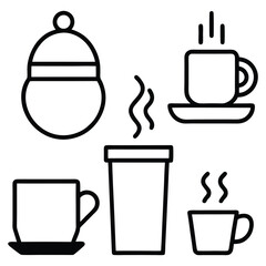 Set of coffee-related icons, including tea, beverages, hot chocolate, mugs symbols