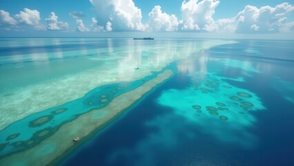 Obraz premium Aerial view of shallow coral reefs with clear turquoise water and clouds above 