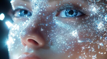 Glowing face, crystal makeup, dark studio, bokeh, beauty ad