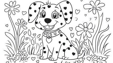 Fototapeta premium Happy Dalmatian puppy coloring page, floral garden
