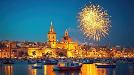 Fototapeta premium Fireworks over harbor, church, city at night