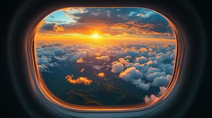 Aerial Sunset View Through Airplane Window