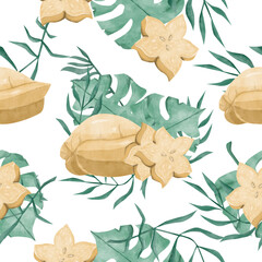Floral Seamless Pattern with Starfruit and Leaves, Watercolor Illustration, Ready Template for Printing on Fabric, Paper, Wrapping