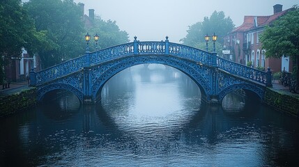 Blue ornamental bridge over a serene canal in foggy weather, surrounded by lush greenery
