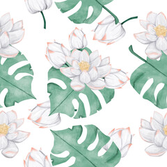 Floral Seamless Pattern with Huge Tropical Leaves and White Lotus Flowers, Watercolor Illustration, Ready Template for Printing on Fabric, Paper, Wrapping
