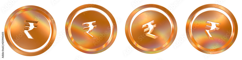 Poster set of 4 3d rupee solid coin shapes with golden and rainbow effects isolated on a transparent backgr