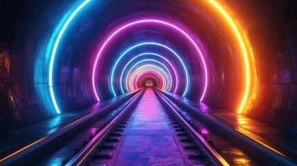 Neon-lit train tunnel, vibrant colors, futuristic design, transportation background, digital art