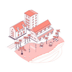 Playing beach volleyball at the resort - vector isometric illustration