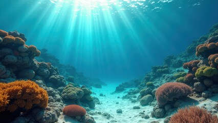 Fototapeta premium Underwater coral reef with colorful marine life and sunlight filtering through 