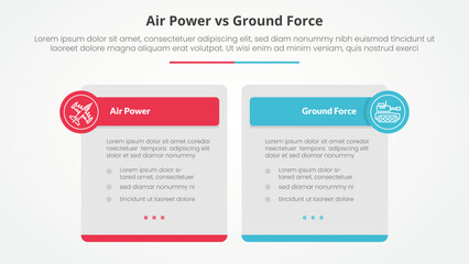 air power vs ground force comparison opposite infographic concept for slide presentation with big box table and circle badge header with flat style