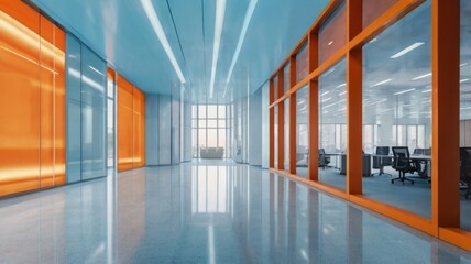 Fototapeta premium A blurred modern office entrance with a pale blue background and a warm orange light effect for a soft, abstract look.