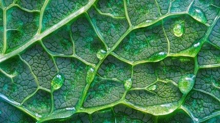 Close-up dew drops on green leaf texture