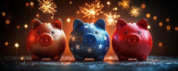 Colorful Piggy Banks Celebrating with Fireworks in the Background