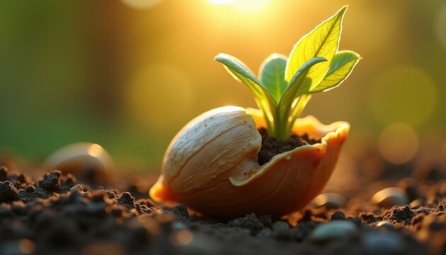 Seed Cracking Open with Emerging Sprout on Soil