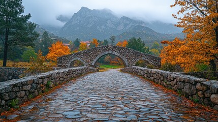 Serene autumn landscape featuring a stone bridge amidst colorful foliage and mountains