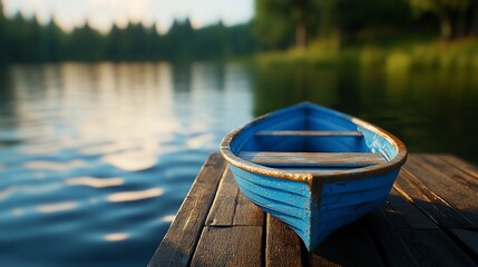 Obraz premium Blue rowboat on wooden dock, tranquil lake, forest background, serene vacation scene