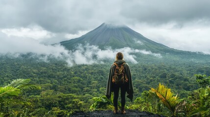 A female backpacker in a poncho and hiking boots stands in front of the Arenal Volcano, Costa Rica, with steam rising from its peak. The lush rainforest surrounding the volcano adds to the dramatic sc