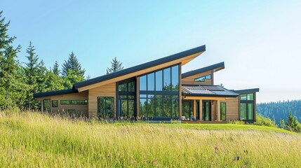 Modern Family Home Nestled in Grassy Landscape with Blue Sky