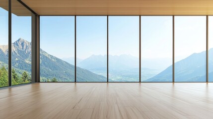 Expansive Modern Room with Floor to Ceiling Windows and Scenic Views