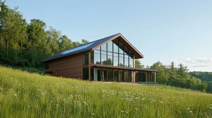 Serene Family Home Nestled in Grassy Landscape with Clear Skies