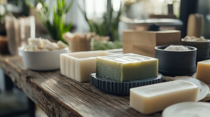 Scene of a soap making setup. Featuring soap molds, ingredients, and a completed soap. Highlighting the craft of soap making. Ideal for DIY and craft blogs.