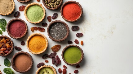 Vibrant raw vegan tartlets with superfood fillings, adorned with an array of fresh and dried fruit garnishes.