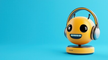 A cheerful yellow robot with headphones stands against a turquoise background, blending technology and fun in a whimsical design.