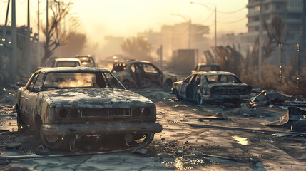 Burnt-Out Cars in a Post-Apocalyptic Scene, Ideal for Disaster and War Illustrations