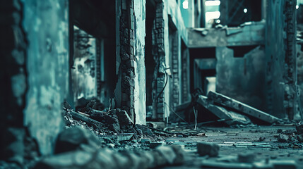 Abandoned Building Ruins with Crumbling Walls, Perfect for Urban Decay and Post-Apocalyptic Illustrations