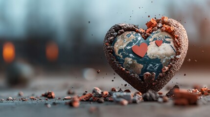 Heart shaped earth with a red heart symbolizing global love and connection in a realistic design