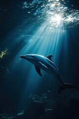 Fototapeta premium Graceful dolphin swims through sunlit ocean water in a serene and magical underwater scene