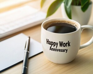 Close-up of a "Happy Work Anniversary" coffee mug on an office desk