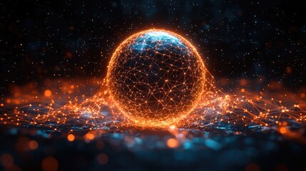 Abstract glowing sphere with interconnected lines and dots, set against a dark, starry background