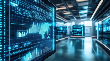Global Data Visualization: Futuristic Tech Center with Interactive Displays Showing Worldwide Market Trends and Financial Statistics