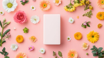 A pink rectangular block sits among an array of colorful flowers on a pink background. The flowers are various types and shades, adding a vibrant touch to the image.