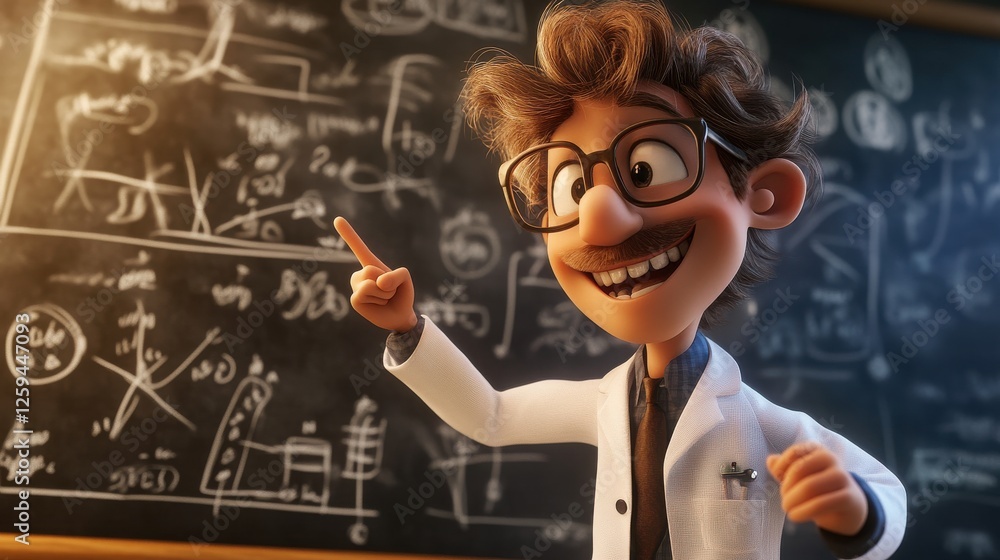 Poster animated scientist explaining concepts in classroom environment