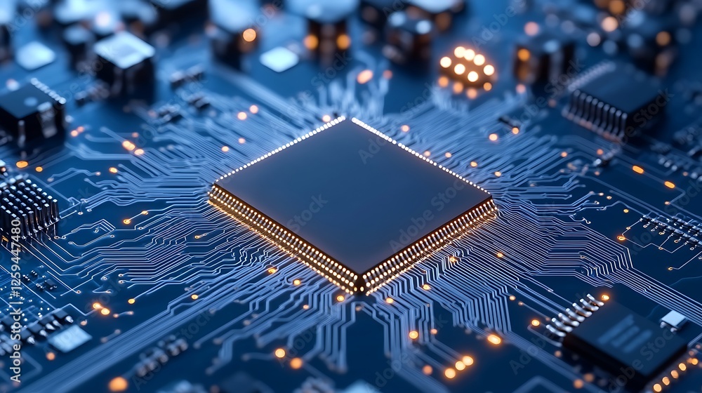 Poster a close-up view of a modern microchip on a circuit board highlighting technology and innovation